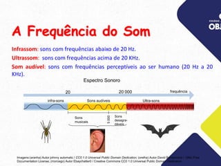 A Frequência do Som
Infrassom: sons com frequências abaixo de 20 Hz.
Ultrassom: sons com frequências acima de 20 KHz.
Som audível: sons com frequências perceptíveis ao ser humano (20 Hz a 20
KHz).
Espectro Sonoro
20 000
20 frequência
Ultra-sons
Sons audíveis
infra-sons
Sons
musicais
Sons
desagra-
dáveis
5
000
Imagens:(aranha) Autor johnny automatic / CC0 1.0 Universal Public Domain Dedication; (orelha) Autor David Benbennick / GNU Free
Documentation License; (morcego) Autor Ebaychatter0 / Creative Commons CC0 1.0 Universal Public Domain Dedication.
 