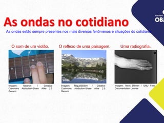 As ondas no cotidiano
As ondas estão sempre presentes nos mais diversos fenômenos e situações do cotidiano.
O reflexo de uma paisagem. Uma radiografia.
O som de um violão.
Imagem: Meanos / Creative
Commons Attribution-Share Alike 2.5
Generic
Imagem: Miguel303xm / Creative
Commons Attribution-Share Alike 2.5
Generic
Imagem: Nevit Dilmen / GNU Free
Documentation License
 