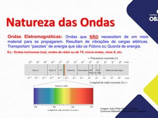 Natureza das Ondas
Ondas Eletromagnéticas: Ondas que NÃO necessitam de um meio
material para se propagarem. Resultam de vibrações de cargas elétricas.
Transportam “pacotes” de energia que são os Fótons ou Quanta de energia.
Ex.: Ondas luminosas (luz), ondas de rádio ou de TV, micro-ondas, raios X, etc.
Imagem: Autor Philip Ronan / Creative
Commons Attribution-Share Alike 3.0 Unported
 