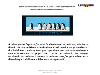A Liderança nas Organizações deve fundamenta-se, em articular, orientar na
direção do desenvolvimento institucional e individual o comprometimento
dos indivíduos, conduzindo-os, preocupando-se com seu desenvolvimento,
com a auto-estima do grupo, com o senso de realização das pessoas,
escolhendo os melhores caminhos e melhores soluções para o bem estar
daqueles que trabalham e colaboraram na organização.
CENTRO UNIVERSITÁRIO ADVENTISTA DE SÃO PAULO – CAMPUS ENGENHEIRO COELHO
LATO-SENSU EM GESTÃO EDUCACIONAL MODULO I :
Profº. Ms Elicio Gomes Lima.Gestão
Educacional 7/2010
 