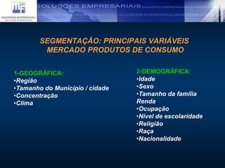 SEGMENTAÇÃO: PRINCIPAIS VARIÁVEIS
MERCADO PRODUTOS DE CONSUMO
1-GEOGRÁFICA:
•Região
•Tamanho do Município / cidade
•Concentração
•Clima
2-DEMOGRÁFICA:
•Idade
•Sexo
•Tamanho da família
Renda
•Ocupação
•Nível de escolaridade
•Religião
•Raça
•Nacionalidade
 