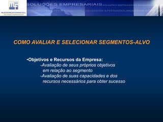 COMO AVALIAR E SELECIONAR SEGMENTOS-ALVO
•Objetivos e Recursos da Empresa:
-Avaliação de seus próprios objetivos
em relação ao segmento
-Avaliação de suas capacidades e dos
recursos necessários para obter sucesso
 