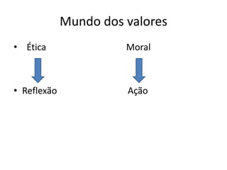Mundo dos valores
• Ética Moral
• Reflexão Ação
 
