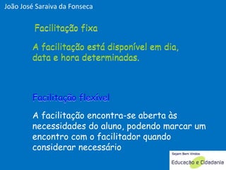 A facilitação está disponível em dia, data e hora determinadas. Facilitação fixa A facilitação encontra-se aberta às necessidades do aluno, podendo marcar um encontro com o facilitador quando considerar necessário Facilitação flexível A facilitação está disponível em dia, data e hora determinadas. Facilitação fixa Facilitação flexível Facilitação fixa João José Saraiva da Fonseca 