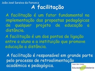 A facilitação é um fator fundamental na implementação das propostas pedagógicas de qualquer projeto de educação a distância.  A facilitação A facilitação é responsável em grande parte pelo processo de retroalimentação académica e pedagógica. A facilitação é um dos pontos de ligação entre o aluno e a instituição que promove educação a distância. A facilitação é um fator fundamental na implementação das propostas pedagógicas de qualquer projeto de educação a distância.  A facilitação é um dos pontos de ligação entre o aluno e a instituição que promove educação a distância. João José Saraiva da Fonseca 