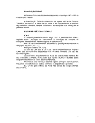 Constituição Federal:

          O Sistema Tributário Nacional está previsto nos artigos 145 a 162 da
Constituição Federal.

          A Constituição Federal é quem dita as regras básicas do Sistema
Tributário Nacional e, a partir da daí, cabe a lei complementar e ordinária
regulamentar a matéria, sempre observando as vedações e as limitações ao
poder de tributar.

          ESQUEMA PRÁTICO – EXEMPLO

           ICMS
           A Constituição Federal em seu artigo 155, I ‘b’, estabeleceu o ICMS –
Imposto sobre Circulação de Mercadorias e Prestação de Serviços de
transporte interestadual e intermunicipal e de comunicação.
           O CTN (Lei Complementar) estabelece o que seja Fato Gerador da
obrigação tributária (art. 114);
           O Sujeito Passivo (art. 121);
           Ao lado do CTN está a Lei 87/96 – Lei Complementar que regula o
ICMS, pois os dispositivos específicos do CTN sobre a matéria (Art. 52 a 58,
foram revogados).
           Abaixo vem o Regulamento do ICMS de cada Estado membro. No
RS o Decreto 33.178/89, de 02.05.89 que regula o ICMS no Estado. Estes
Regulamentos fazem às vezes das leis ordinárias.
           Ocorre que pela hierarquia das leis e pelos princípios constitucionais
tributários a lei estadual não poderá contrariar os dispositivos superiores.
           Ex. Crédito pela entrada do ICMS nas contas de energia elétrica.
Desenvolver.




                                                                               5
 