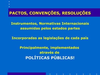 PACTOS, CONVENÇÕES, RESOLUÇÕES Instrumentos, Normativas Internacionais assumidas pelos estados partes Incorporadas as legislações de cada país Principalmente, implementados  através de  POLÍTICAS PÚBLICAS! 