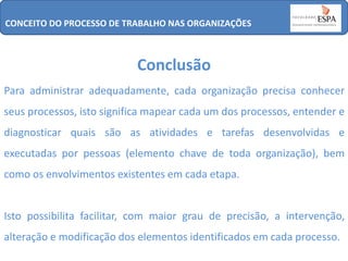 CONCEITO DO PROCESSO DE TRABALHO NAS ORGANIZAÇÕES

Conclusão
Para administrar adequadamente, cada organização precisa conhecer
seus processos, isto significa mapear cada um dos processos, entender e
diagnosticar quais são as atividades e tarefas desenvolvidas e
executadas por pessoas (elemento chave de toda organização), bem
como os envolvimentos existentes em cada etapa.

Isto possibilita facilitar, com maior grau de precisão, a intervenção,
alteração e modificação dos elementos identificados em cada processo.

 