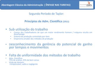 Abordagem Clássica da Administração ( ÊNFASE NAS TAREFAS)

Segundo Período de Taylor:

Princípios de Adm. Científica (1911)

• Sub utilização do trabalho
•
•
•

Crença dos trabalhadores de que um maior rendimento homem / máquina resulta em
desemprego
Sistema de produção controlado por ítem
Empirismo amador dos métodos de produção

• Desconhecimento

da gerência do potencial de ganho
por tempos e movimentos

• Falta de uniformidade dos métodos de trabalho
•
•

Adm. Científica:
75% de análise, 25% de bom senso
Visão de Homem:
irresponsável, vadio e negligente

 