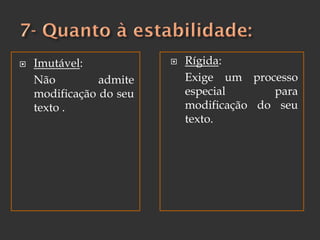  Imutável:
Não admite
modificação do seu
texto .
 Rígida:
Exige um processo
especial para
modificação do seu
texto.
 