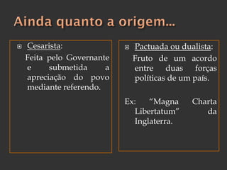  Cesarista:
Feita pelo Governante
e submetida a
apreciação do povo
mediante referendo.
 Pactuada ou dualista:
Fruto de um acordo
entre duas forças
políticas de um país.
Ex: “Magna Charta
Libertatum” da
Inglaterra.
 