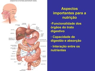 Aspectos
 importantes para a
     nutrição
-Funcionalidade dos
órgãos do trato
digestivo
- Capacidade de
digestão e absorção
- Interação entre os
nutrientes
 