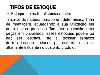 TIPOS DE ESTOQUE 
 Estoque de material semiacabado: 
Trata-se do material parado em determinada linha 
de montagem, aguardando a sua utilização em 
outra fase do processo. Também conhecido como 
peças em processos, esses estoques podem ou 
não ser restritos, isto é, possuir espaços 
delimitados e controlados, por isso, têm um fator 
altamente influente no custo do produto. 
 