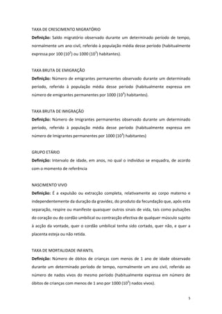 TAXA DE CRESCIMENTO MIGRATÓRIO 
Definição:  Saldo  migratório  observado  durante  um  determinado  período  de  tempo, 
normalmente um ano civil, referido à população média desse período (habitualmente 
expressa por 100 (102) ou 1000 (103) habitantes). 
 
TAXA BRUTA DE EMIGRAÇÃO 
Definição:  Número  de  emigrantes  permanentes  observado  durante  um  determinado 
período,  referido  à  população  média  desse  período  (habitualmente  expressa  em 
número de emigrantes permanentes por 1000 (103) habitantes). 
 
TAXA BRUTA DE IMIGRAÇÃO 
Definição:  Número  de  Imigrantes  permanentes  observado  durante  um  determinado 
período,  referido  à  população  média  desse  período  (habitualmente  expressa  em 
número de Imigrantes permanentes por 1000 (103) habitantes) 
 
GRUPO ETÁRIO 
Definição:  Intervalo  de  idade,  em  anos,  no  qual  o  indivíduo  se  enquadra,  de  acordo 
com o momento de referência 
 
NASCIMENTO VIVO 
Definição:  É  a  expulsão  ou  extracção  completa,  relativamente  ao  corpo  materno  e 
independentemente da duração da gravidez, do produto da fecundação que, após esta 
separação, respire ou manifeste quaisquer outros sinais de vida, tais como pulsações 
do coração ou do cordão umbilical ou contracção efectiva de qualquer músculo sujeito 
à  acção  da  vontade,  quer  o  cordão  umbilical  tenha  sido  cortado,  quer  não,  e  quer  a 
placenta esteja ou não retida. 
 
TAXA DE MORTALIDADE INFANTIL 
Definição:  Número  de  óbitos  de  crianças  com  menos  de  1  ano  de  idade  observado 
durante  um  determinado  período  de  tempo,  normalmente  um  ano  civil,  referido  ao 
número  de  nados  vivos  do  mesmo  período  (habitualmente  expressa  em  número  de 
óbitos de crianças com menos de 1 ano por 1000 (103) nados vivos). 


                                                                                                5 
 
 