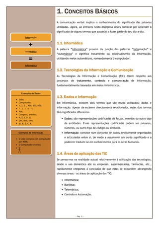 1. CONCEITOS BÁSICOS
                                 A comunicação verbal implica o conhecimento do significado das palavras
                                 utilizadas. Agora, ao entrares nesta disciplina deves começar por aprender o
                                 significado de alguns termos que passarão a fazer parte do teu dia-a-dia.

             Informação

                                 1.1. Informática
                +
                                 A palavra “informática” provém da junção das palavras “informação” e
             Automática
                                 “automática” e significa tratamento ou processamento da informação,

                =                utilizando meios automáticos, nomeadamente o computador.

             Informática

                                 1.2. Tecnologias da Informação e Comunicação
                                 As Tecnologias da Informação e Comunicação (TIC) dizem respeito aos
                                 processos   de     tratamento,    controlo   e    comunicação   de   informação,
                                 fundamentalmente baseados em meios informáticos.


          Exemplos de Dados
                                 1.3. Dados e Informação
•   João;
•   Computador;                  Em informática, existem dois termos que são muito utilizados: dados e
•   1, 2, 3 … 400, 500, 600;
•   / |  o --;                  informação. Apesar de estarem directamente relacionados, estes dois termos
•   Por;                         têm significados diferentes.
•   Comprou, avariou;
•   A, E, I, O, U;
                                     • Dados: são representações codificadas de factos, eventos ou outro tipo
•   Um, dois, três;
•   @, &, $, €, #.                     de entidades. Essas representações codificadas podem ser palavras,
                                       números, ou outro tipo de códigos ou símbolos.
    Exemplos de Informação           • Informação: consiste num conjunto de dados devidamente organizados
                                       e articulados entre si, de modo a assumirem um certo significado e a
• O João comprou um computador
  por 400€;                            poderem traduzir-se em conhecimento para os seres humanos.
• O Computador avariou;
• o
    ---
     |
    /
                                 1.4. Áreas de aplicação das TIC
                                 Se pensarmos na realidade actual relativamente à utilização das tecnologias,
                                 desde o uso doméstico até às empresas, supermercados, farmácias, etc.,
                                 rapidamente chegamos à conclusão de que estas se expandem abrangendo
                                 diversas áreas – as áreas de aplicação das TIC:

                                     • Informática;
                                     • Burótica;
                                     • Telemática;
                                     • Controlo e Automação.




                                                  --- Pág. 1 ---
 
