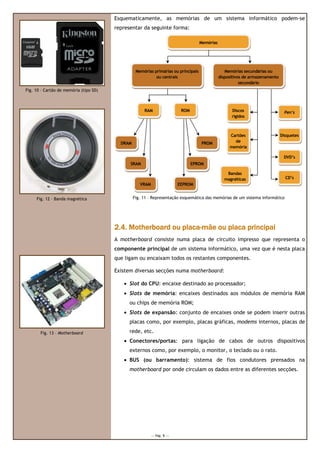 Esquematicamente, as memórias de um sistema informático podem-se
                                        representar da seguinte forma:

                                                                                      Memórias




                                                  Memórias primárias ou principais                  Memórias secundárias ou
                                                            ou centrais                          dispositivos de armazenamento
                                                                                                            secundário
Fig. 10 – Cartão de memória (tipo SD)



                                                      RAM                    ROM                       Discos                     Pen’s
                                                                                                       rígidos



                                                                                                      Cartões                    Disquetes
                                          DRAM                                         PROM             de
                                                                                                      memória

                                                                                                                                  DVD’s
                                              SRAM                                 EPROM

                                                                                                    Bandas
                                                                                                   magnéticas                      CD’s
                                                    VRAM                    EEPROM


     Fig. 12 – Banda magnética                   Fig. 11 – Representação esquemática das memórias de um sistema informático




                                                            placa-
                                        2.4. Motherboard ou placa-mãe ou placa principal
                                        A motherboard consiste numa placa de circuito impresso que representa o
                                        componente principal de um sistema informático, uma vez que é nesta placa
                                        que ligam ou encaixam todos os restantes componentes.

                                        Existem diversas secções numa motherboard:

                                           • Slot do CPU: encaixe destinado ao processador;
                                           • Slots de memória: encaixes destinados aos módulos de memória RAM
                                              ou chips de memória ROM;
                                           • Slots de expansão: conjunto de encaixes onde se podem inserir outras
                                              placas como, por exemplo, placas gráficas, modems internos, placas de

       Fig. 13 – Motherboard                  rede, etc.
                                           • Conectores/portas: para ligação de cabos de outros dispositivos
                                              externos como, por exemplo, o monitor, o teclado ou o rato.
                                           • BUS (ou barramento): sistema de fios condutores prensados na
                                              motherboard por onde circulam os dados entre as diferentes secções.




                                                           --- Pág. 5 ---
 