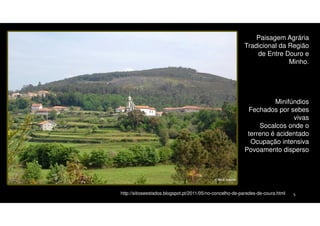 Paisagem Agrária
Tradicional da Região
de Entre Douro e
Minho.

Minifúndios
Fechados por sebes
vivas
Socalcos onde o
terreno é acidentado
Ocupação intensiva
Povoamento disperso

http://sitioseestados.blogspot.pt/2011/05/no-concelho-de-paredes-de-coura.html

5

 