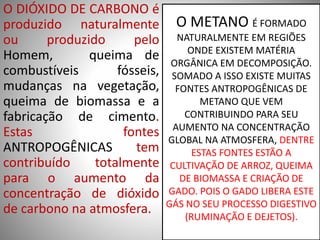 O DIÓXIDO DE CARBONO é 
produzido naturalmente 
ou produzido pelo 
Homem, queima de 
combustíveis fósseis, 
mudanças na vegetação, 
queima de biomassa e a 
fabricação de cimento. 
Estas fontes 
ANTROPOGÊNICAS tem 
contribuído totalmente 
para o aumento da 
concentração de dióxido 
de carbono na atmosfera. 
O METANO É FORMADO 
NATURALMENTE EM REGIÕES 
ONDE EXISTEM MATÉRIA 
ORGÂNICA EM DECOMPOSIÇÃO. 
SOMADO A ISSO EXISTE MUITAS 
FONTES ANTROPOGÊNICAS DE 
METANO QUE VEM 
CONTRIBUINDO PARA SEU 
AUMENTO NA CONCENTRAÇÃO 
GLOBAL NA ATMOSFERA, DENTRE 
ESTAS FONTES ESTÃO A 
CULTIVAÇÃO DE ARROZ, QUEIMA 
DE BIOMASSA E CRIAÇÃO DE 
GADO. POIS O GADO LIBERA ESTE 
GÁS NO SEU PROCESSO DIGESTIVO 
(RUMINAÇÃO E DEJETOS). 
 