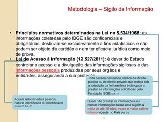 Metodologia – Sigilo da Informação

• Princípios normativos determinados na Lei no 5.534/1968: as
informações coletadas pelo IBGE são confidenciais e
obrigatórias, destinam-se exclusivamente a fins estatísticos e não
podem ser objeto de certidão e nem ter eficácia jurídica como meio
de prova.
• Lei de Acesso à Informação (12.527/2011): é dever do Estado
controlar o acesso e a divulgação das informações sigilosas e das
informações pessoais produzidas por seus órgãos e
entidades, assegurando a sua proteção.pessoa natural ou jurídica de direito
Toda
público ou de direito privado que esteja sob
a jurisdição da lei brasileira é obrigada a
prestar as informações solicitadas pela
Fundação IBGE (Art. 1º)
Aquela relacionada à pessoa
natural identificada ou identificável
(inciso IV, Art. 4º)

Quem não prestar as informações ou
prestar informações falsas está sujeito à
multa de até 10 (dez) vezes o maior saláriomínimo vigente no País (Art. 2º)
5

 