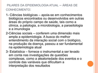 PILARES DA EPIDEMIOLOGIA ATUAL – ÁREAS DE
CONHECIMENTO:
1- Ciências biológicas – apoia-se em conhecimentos
biológicos encontrados ou desenvolvidos em outras
áreas do próprio campo de saúde, tais como a
clínica, a patologia, a microbiologia, a parasitologia
e a imunologia
2-Ciências sociais – conferem uma dimensão mais
ampla a epidemiologia. A busca do melhor
entendimento da interação social com o biológico,
na produção da doença, passou a ser fundamental
na epidemiologia atual
3- Estatística – fornece o instrumental a ser levado
em conta nas investigações de questões
complexas, como a aleatoriedade dos eventos e o
controle das variáveis que dificultam a
interpretação dos resultados
 