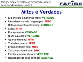 • Experiência anterior no ramo: VERDADE
• Ideia desenvolvida na garagem: MITO
• Relacionamento/networking: VERDADE
• Sorte: MITO
• Planejamento: VERDADE
• Risco calculado: VERDADE
• Ganhar dinheiro: MITO
• Trabalhar menos: MITO
• Empreendedor nato: MITO
• Ter sócios não é bom: MITO
• Família empreendedora: VERDADE
• Realização de seus sonhos: VERDADE
Mitos e Verdades
 