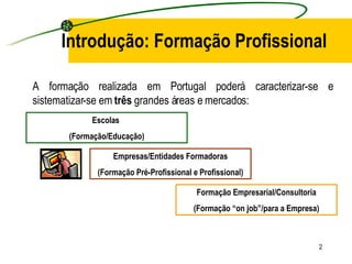 Introdução: Formação Profissional A formação realizada em Portugal poderá caracterizar-se e sistematizar-se em  três  grandes áreas e mercados: Escolas  (Formação/Educação) Empresas/Entidades Formadoras (Formação Pré-Profissional e Profissional) Formação Empresarial/Consultoria (Formação “on job”/para a Empresa) 