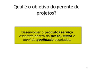 Qual é o objetivo do gerente de
projetos?
Desenvolver o produto/serviço
esperado dentro do prazo, custo e
10
esperado dentro do prazo, custo e
nível de qualidade desejados.
 
