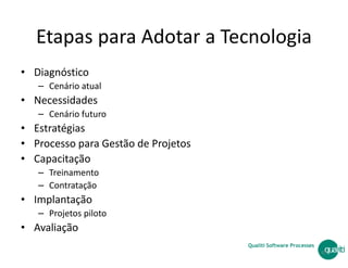 Etapas para Adotar a Tecnologia
• Diagnóstico
– Cenário atual
• Necessidades
– Cenário futuro
• Estratégias
Qualiti Software Processes
• Estratégias
• Processo para Gestão de Projetos
• Capacitação
– Treinamento
– Contratação
• Implantação
– Projetos piloto
• Avaliação
45
 