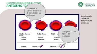 CONCEITOS BÁSICOS EM IMUNOHEMATOLOGIA
antígeno D com
todos os
epítopos
ANTÍGENO “D”
D normal =
vários antígenos
D com todos os
epítopos
Reatividade
3+/4+ em
temperatura
ambiente
 