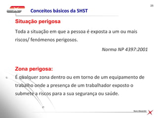2525
Nuno Alexandre
Conceitos básicos da SHST
Toda a situação em que a pessoa é exposta a um ou mais
riscos/ fenómenos perigosos.
Norma NP 4397:2001
Zona perigosa:
É qualquer zona dentro ou em torno de um equipamento de
trabalho onde a presença de um trabalhador exposto o
submete a riscos para a sua segurança ou saúde.
Situação perigosa
 