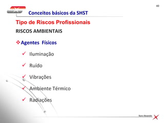 4040
Nuno Alexandre
Conceitos básicos da SHST
RISCOS AMBIENTAIS
Agentes Físicos
 Iluminação
 Ruído
 Vibrações
 Ambiente Térmico
 Radiações
Tipo de Riscos Profissionais
 