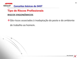 4343
Nuno Alexandre
Conceitos básicos da SHST
RISCOS ERGONÓMICOS
São riscos associados à inadaptação do posto e do ambiente
de trabalho ao homem.
Tipo de Riscos Profissionais
 