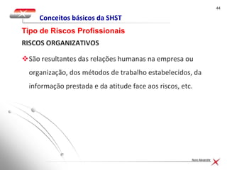 4444
Nuno Alexandre
Conceitos básicos da SHST
RISCOS ORGANIZATIVOS
São resultantes das relações humanas na empresa ou
organização, dos métodos de trabalho estabelecidos, da
informação prestada e da atitude face aos riscos, etc.
Tipo de Riscos Profissionais
 
