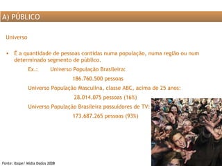 Fonte: Ibope/ Mídia Dados 2008 Universo É a quantidade de pessoas contidas numa população, numa região ou num determinado segmento de público. Ex.: Universo População Brasileira: 186.760.500 pessoas Universo População Masculina, classe ABC, acima de 25 anos: 28.014.075 pessoas (16%) Universo População Brasileira possuidores de TV:  173.687.265 pessoas (93%) A) PÚBLICO 