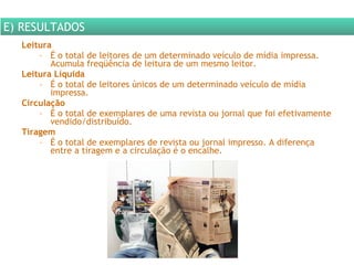 Leitura É o total de leitores de um determinado veículo de mídia impressa. Acumula freqüência de leitura de um mesmo leitor. Leitura Líquida É o total de leitores únicos de um determinado veículo de mídia impressa. Circulação É o total de exemplares de uma revista ou jornal que foi efetivamente vendido/distribuído. Tiragem É o total de exemplares de revista ou jornal impresso. A diferença entre a tiragem e a circulação é o encalhe. E) RESULTADOS 
