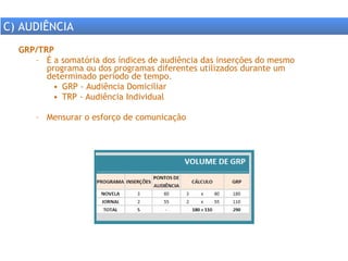 GRP/TRP É a somatória dos índices de audiência das inserções do mesmo programa ou dos programas diferentes utilizados durante um determinado período de tempo. GRP - Audiência Domiciliar TRP - Audiência Individual Mensurar o esforço de comunicação C) AUDIÊNCIA 