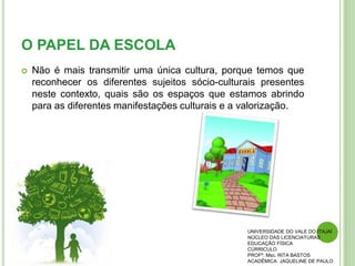 O PAPEL DA ESCOLA
 Não é mais transmitir uma única cultura, porque temos que
reconhecer os diferentes sujeitos sócio-culturais presentes
neste contexto, quais são os espaços que estamos abrindo
para as diferentes manifestações culturais e a valorização.
UNIVERSIDADE DO VALE DO ITAJAÍ
NÚCLEO DAS LICENCIATURAS
EDUCAÇÃO FÍSICA
CÚRRICULO
PROFª. Msc. RITA BASTOS
ACADÊMICA: JAQUELINE DE PAULO
 