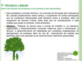 1º TÉCNICO LINEAR
(TEM A SUA ÊNFASE NA EFICIÊNCIA E NO CONTROLE DOS PROCESSOS).
 Este paradigma curricular dominou os currículos de formação até a década de
80, quando presenciamos neste campo, o surgimento de outras teorizações
que se mostraram influenciadas pela literatura crítica e européia, além do
surgimento de teóricos críticos nesta área que se contrapuseram a este
modelo que surge no contexto norte-americano
 Objetivo: Preparar os alunos para o mundo do trabalho e, na estrutura,
organização e desenvolvimento curricular voltam-se para o treinamento, a
técnica, o desenvolvimento de habilidades por conteúdos estabelecidos no
planejamento do professor além do uso de instrumentos de medida que
permitam dizer com precisão se as mesmas foram realmente apreendidas.
UNIVERSIDADE DO VALE DO ITAJAÍ
NÚCLEO DAS LICENCIATURAS
EDUCAÇÃO FÍSICA
CÚRRICULO
PROFª. Msc. RITA BASTOS
ACADÊMICA: JAQUELINE DE PAULO
 