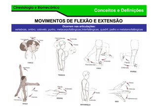 Cinesiologia e BiomecânicaCinesiologia e Biomecânica
Conceitos e Definições
MOVIMENTOS DE FLEXÃO E EXTENSÃOMOVIMENTOS DE FLEXÃO E EXTENSÃO
Ocorrem nas articulações:
vertebrais, ombro, cotovelo, punho, metacarpofalângicas,Interfalângicas, quadril, joelho e metatarsofalângicas
 