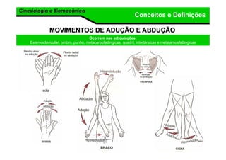 Cinesiologia e BiomecânicaCinesiologia e Biomecânica
Conceitos e Definições
MOVIMENTOS DE ADUMOVIMENTOS DE ADUÇÇÃO E ABDUÃO E ABDUÇÇÃOÃO
Ocorrem nas articulações:
Esternoclavicular, ombro, punho, metacarpofalângicas, quadril, intertársicas e metatarsosfalângicas
 