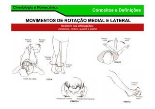 Cinesiologia e BiomecânicaCinesiologia e Biomecânica
Conceitos e Definições
MOVIMENTOS DE ROTAMOVIMENTOS DE ROTAÇÇÃO MEDIAL E LATERALÃO MEDIAL E LATERAL
Ocorrem nas articulações:
vertebrais, ombro, quadril e joelho
 
