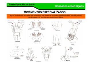 Cinesiologia e BiomecânicaCinesiologia e Biomecânica
Conceitos e Definições
MOVIMENTOS ESPECIALIZADOSMOVIMENTOS ESPECIALIZADOS
Alguns movimentos articulares são designados por nomes de movimentos especializados, embora possam,
tecnicamente, ser um dos seis movimentos básicos.
 