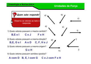 Cinesiologia e BiomecânicaCinesiologia e Biomecânica
Unidades de Força
Quem sabe responde!
Observe os vetores ao lado e
responda:
a) b)
c)
d) e)
f)
g)
h)
i)
j)
1) Quais vetores possuem o mesmo sentido?
2) Quais vetores possuem a mesma direção?
3) Quais vetores possuem a mesma origem?
4) Quais vetores possuem sentidos opostos?
B,E e I C e J F e H
B,E, G e I A e D C, F, H e J
G e H
A com D B, E, I com G C e J com F e H
 