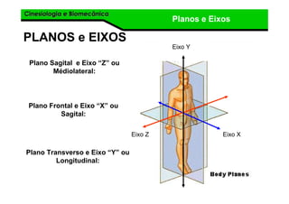 Cinesiologia e BiomecânicaCinesiologia e Biomecânica
Planos e Eixos
PLANOS e EIXOS
Plano Sagital e Eixo “Z” ou
Médiolateral:
Plano Frontal e Eixo “X” ou
Sagital:
Plano Transverso e Eixo “Y” ou
Longitudinal:
Eixo Z Eixo X
Eixo Y
 