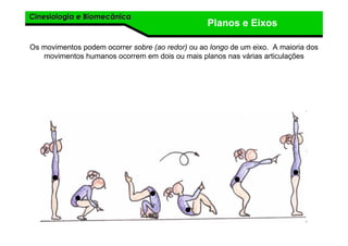 Cinesiologia e BiomecânicaCinesiologia e Biomecânica
Planos e Eixos
Os movimentos podem ocorrer sobre (ao redor) ou ao longo de um eixo. A maioria dos
movimentos humanos ocorrem em dois ou mais planos nas várias articulações
 