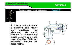 Cinesiologia e BiomecânicaCinesiologia e Biomecânica
Alavancas
Constituída por três partes básicas: Potência (P)
É a força que aplicamos
à alavanca, para mover
ou equilibrar os
sistemas. No corpo
humano é representada
quase sempre pela ação
dos músculos. Pode ser
chamada também de
força motriz.
 