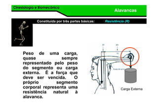 Cinesiologia e BiomecânicaCinesiologia e Biomecânica
Alavancas
Constituída por três partes básicas: Resistência (R)
Peso de uma carga,
quase sempre
representado pelo peso
do segmento ou carga
externa. È a força que
deve ser vencida. O
próprio segmento
corporal representa uma
resistência natural à
alavanca.
Carga Externa
 