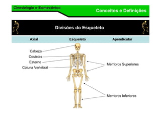 Cinesiologia e BiomecânicaCinesiologia e Biomecânica
Conceitos e Definições
Divisões do Esqueleto
EsqueletoEsqueletoAxialAxial ApendicularApendicular
Membros Superiores
Membros Inferiores
Cabeça
Coluna Vertebral
Costelas
Esterno
 