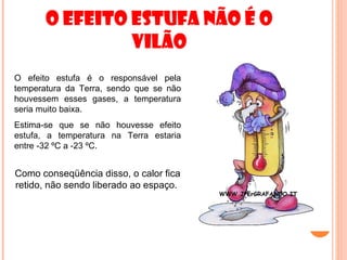 O EFEITO ESTUFA NÃO É O
                VILÃO
O efeito estufa é o responsável pela
temperatura da Terra, sendo que se não
houvessem esses gases, a temperatura
seria muito baixa.
Estima-se que se não houvesse efeito
estufa, a temperatura na Terra estaria
entre -32 ºC a -23 ºC.


Como conseqüência disso, o calor fica
retido, não sendo liberado ao espaço.
 