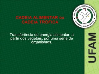 CADEIA ALIMENTAR ou
     CADEIA TRÓFICA


Transferência de energia alimentar, a
partir dos vegetais, por uma serie de
             organismos.
 